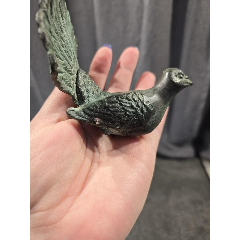 Vintage Solid Brass Pheasant Figurine Green Patina Game Bird Statue Rustic Cabin